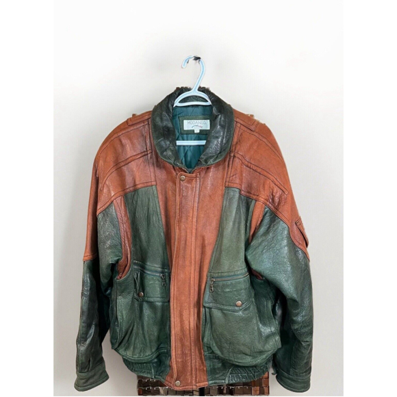 Modango Other - Vintage 80s Modango Brown & Green Leather Bomber Jacket w Shoulder Pads Size XL